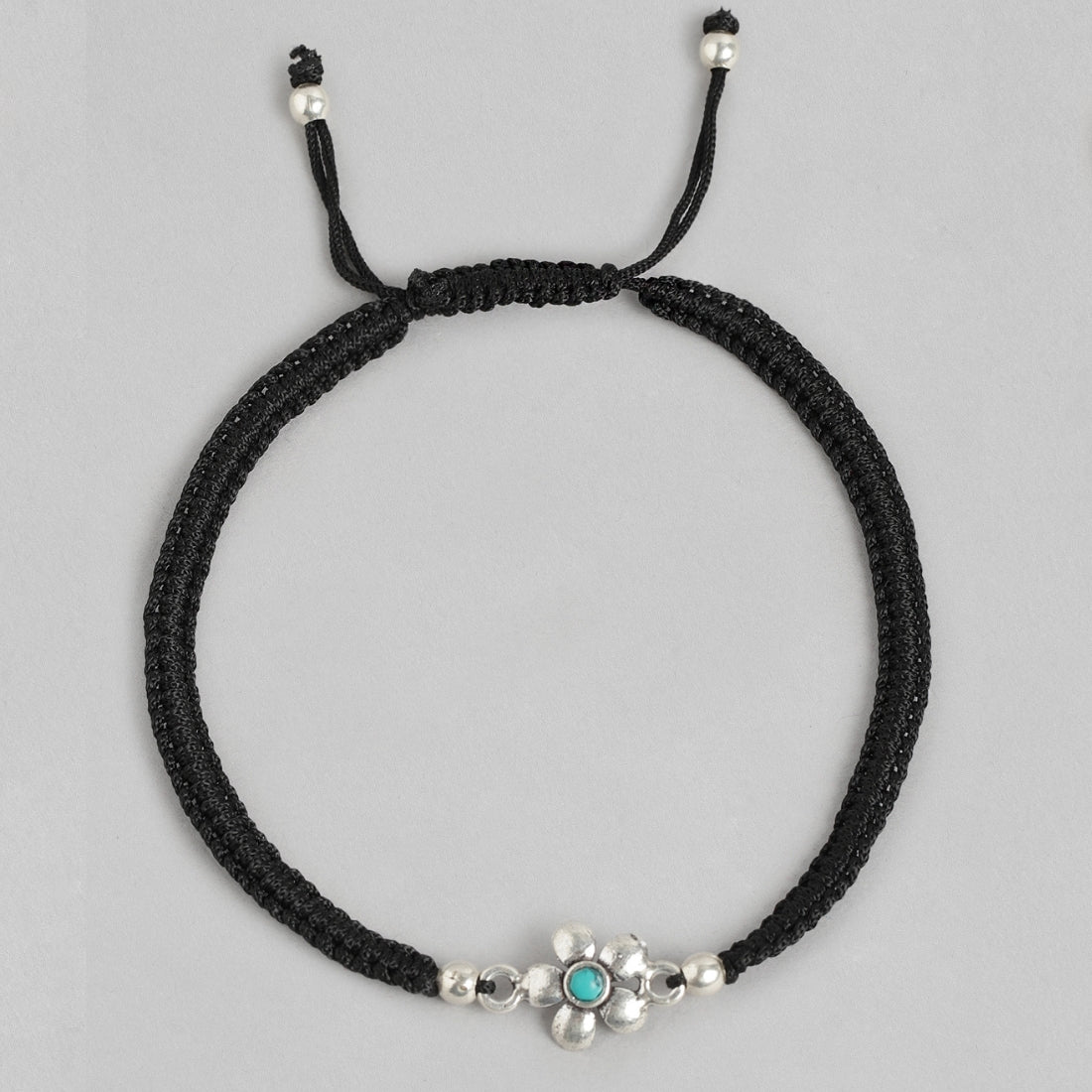 Floral Blue Rhodium Plated 925 Sterling Silver Thread Anklet