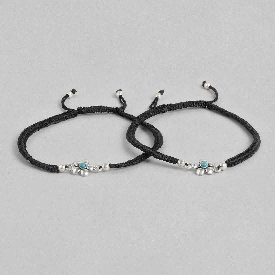 Floral Blue Rhodium Plated 925 Sterling Silver Thread Anklet