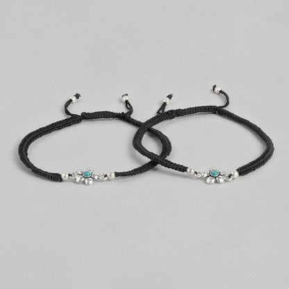 Floral Blue Rhodium Plated 925 Sterling Silver Thread Anklet